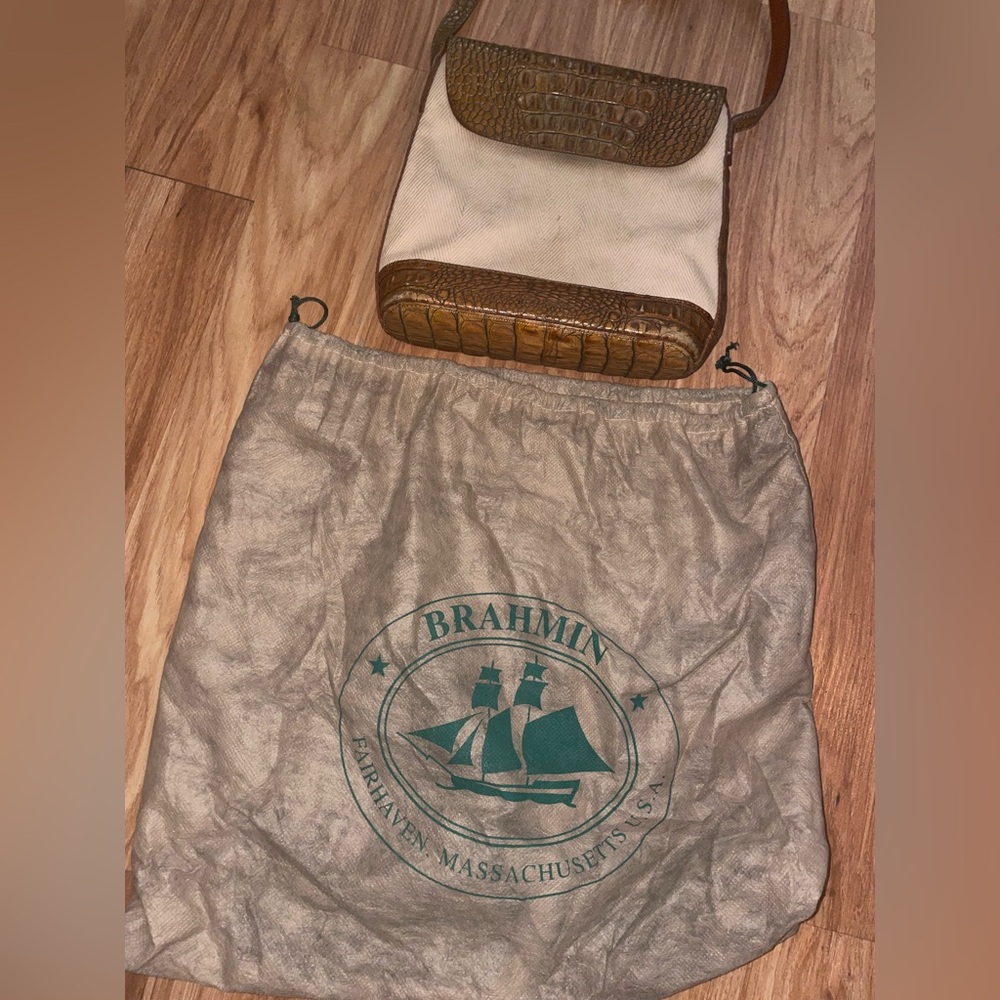 Classic Vintage Brahmin Tan and Brown. Canvas and crocodile.
